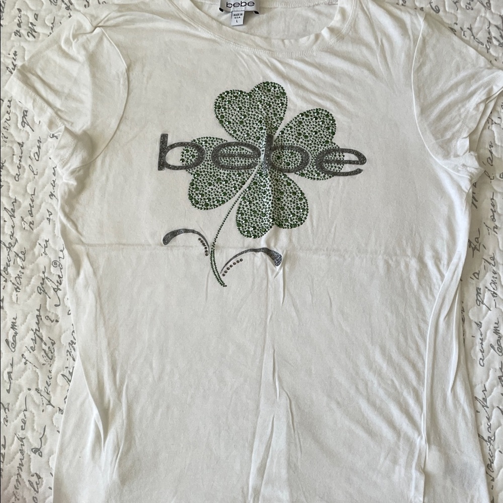 bebe White T-Shirt with Green Clover Design